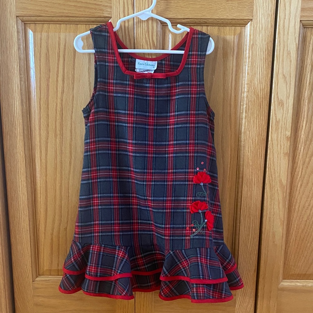 Rare Editions Red and Black Plaid Dress with Floral Detail